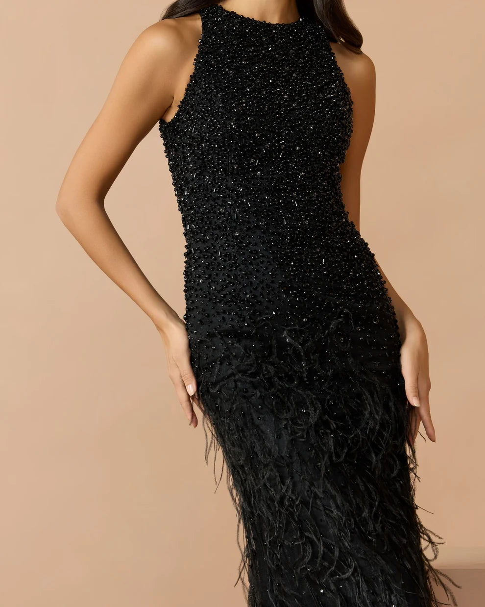 Black Beaded Mesh with Feathers Sheath High Neck Floor-Length Dress