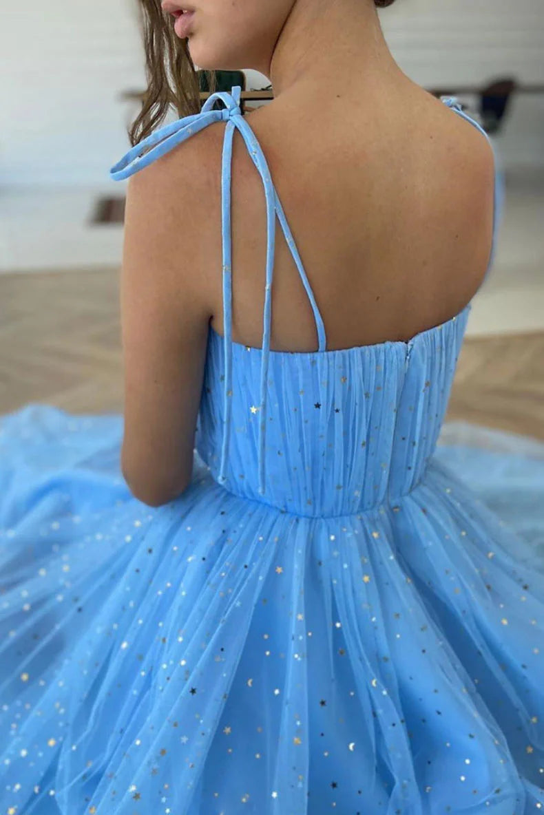 Spaghetti Straps Blue Sweetheart Tulle Tea Length Evening Formal Dress