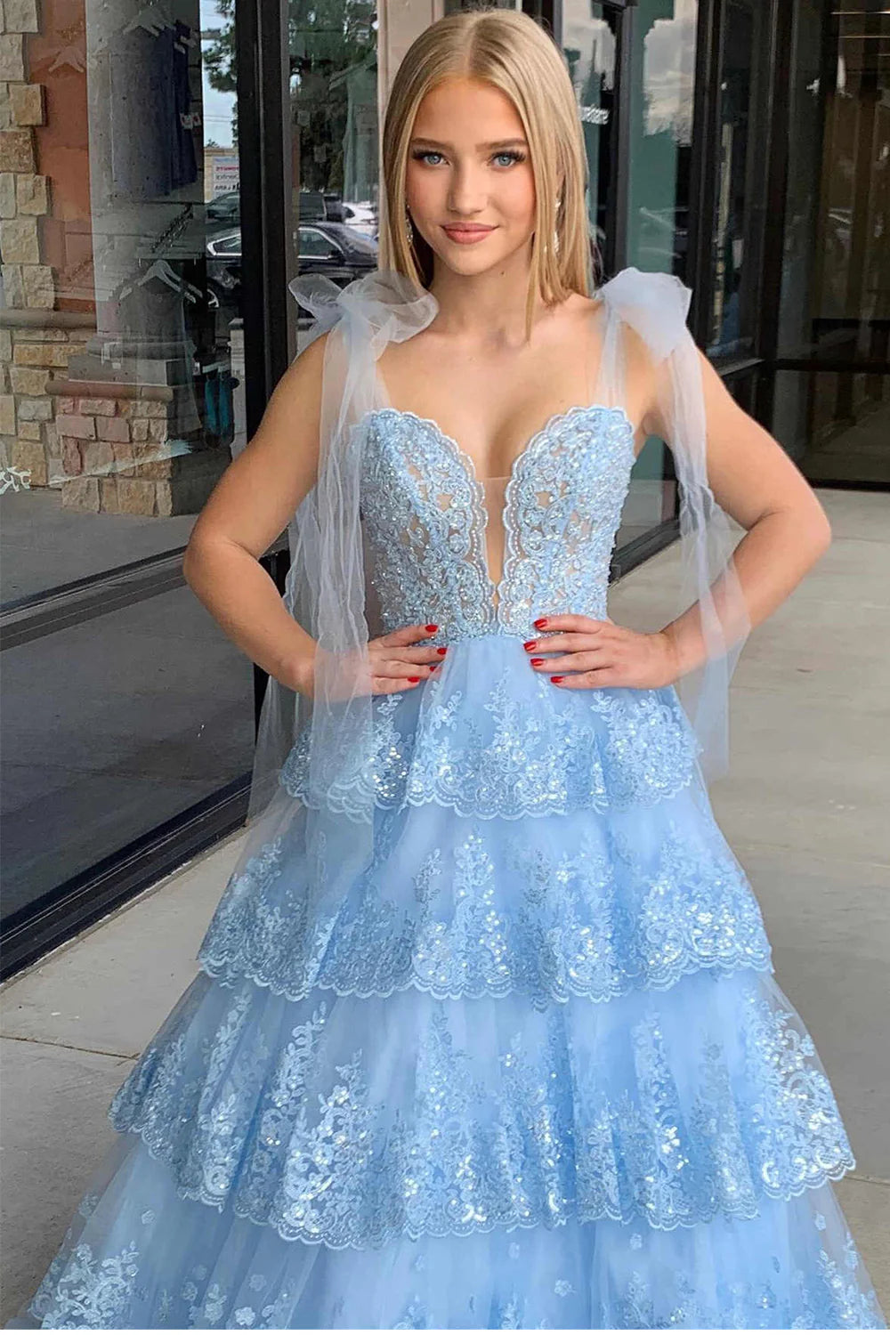 Sweetheart Bow Tie Straps Tiered Tulle Sequin Light Blue Prom Dress With Appliques