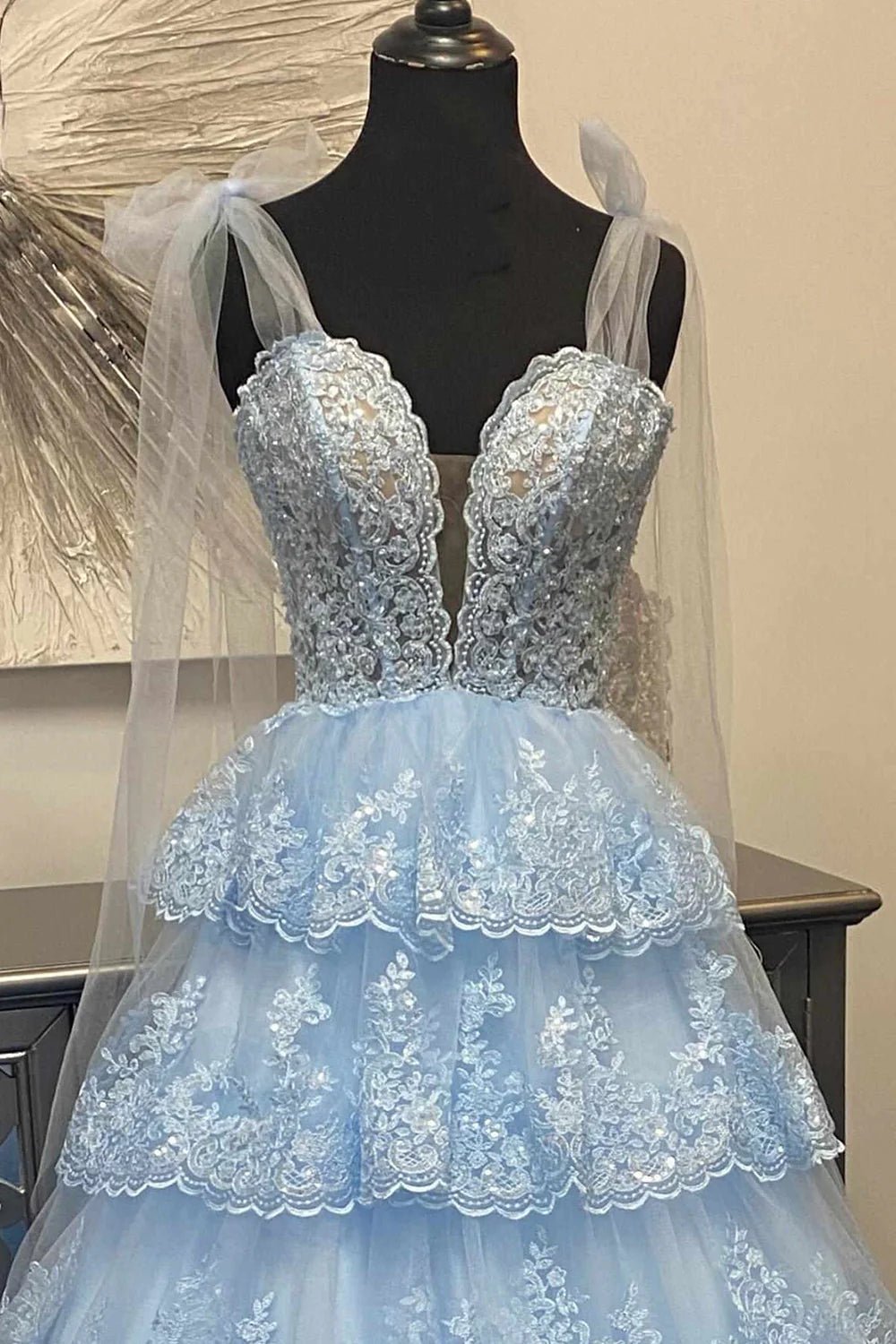 Sweetheart Bow Tie Straps Tiered Tulle Sequin Light Blue Prom Dress With Appliques