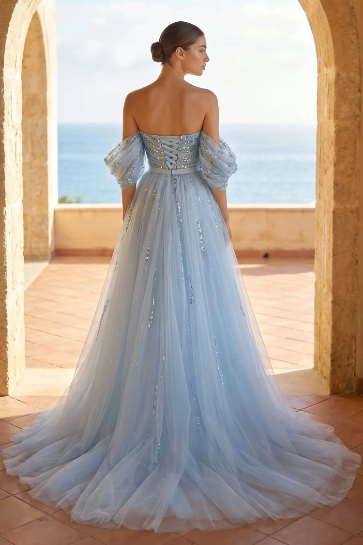 Sky Blue Tulle and Sequins A-Line Sweetheart Lace-Up Back Floor Length Dress