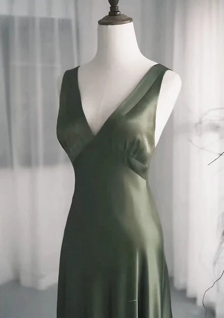 Olive Green Satin A-Line V-Neck V-Back Floor-Length Dress