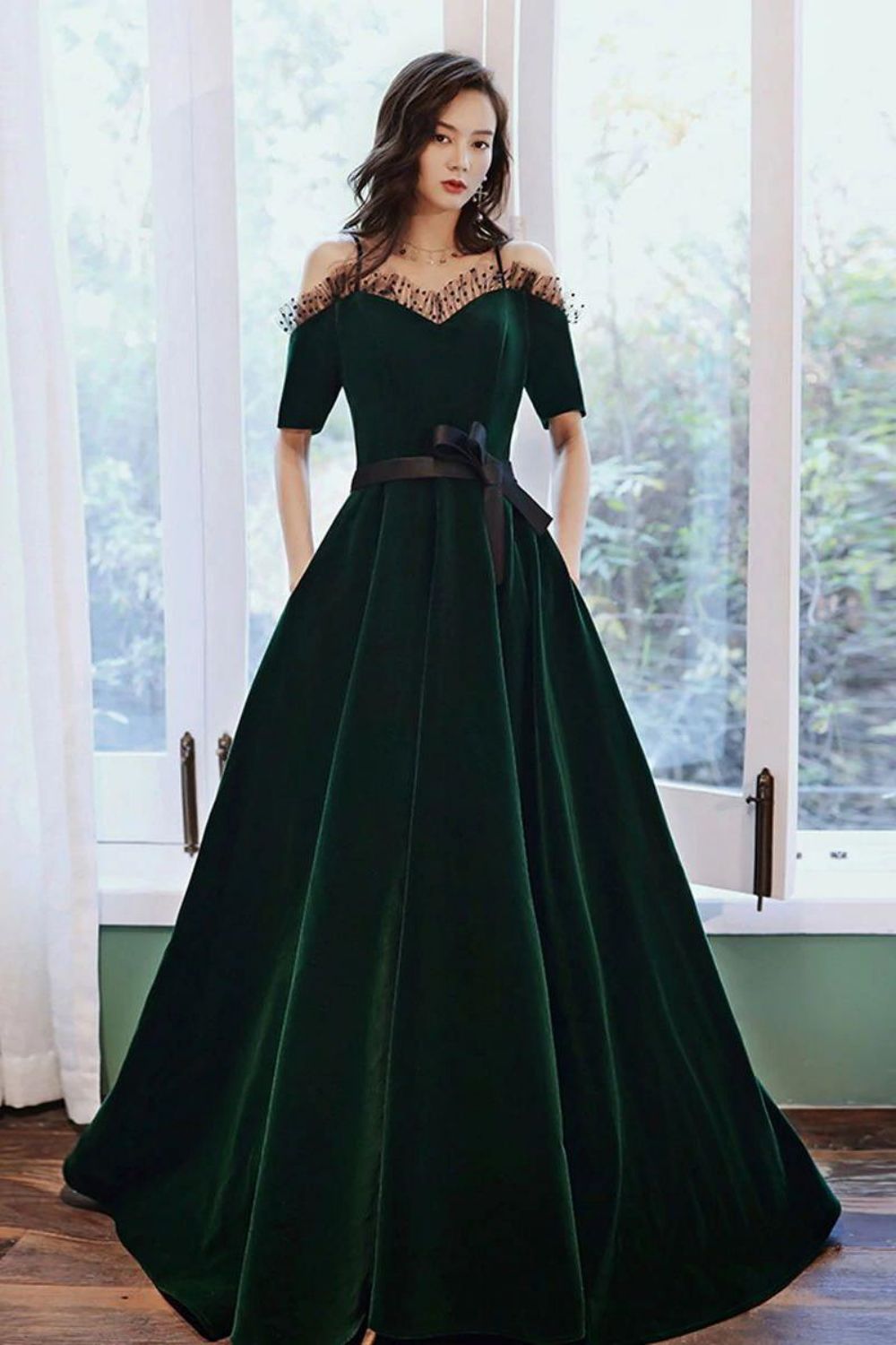 Weitese Charming A Line Off the Shoulder Dark Green Long Prom Dress with Bowknot