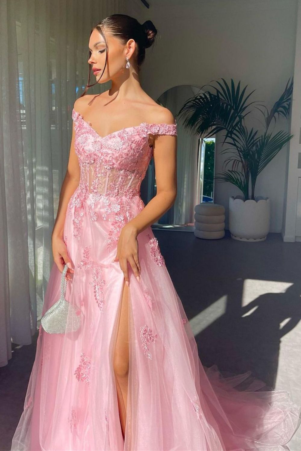 Weitese Charming A Line Off the Shoulder Pink Long Prom Dress with Appliques
