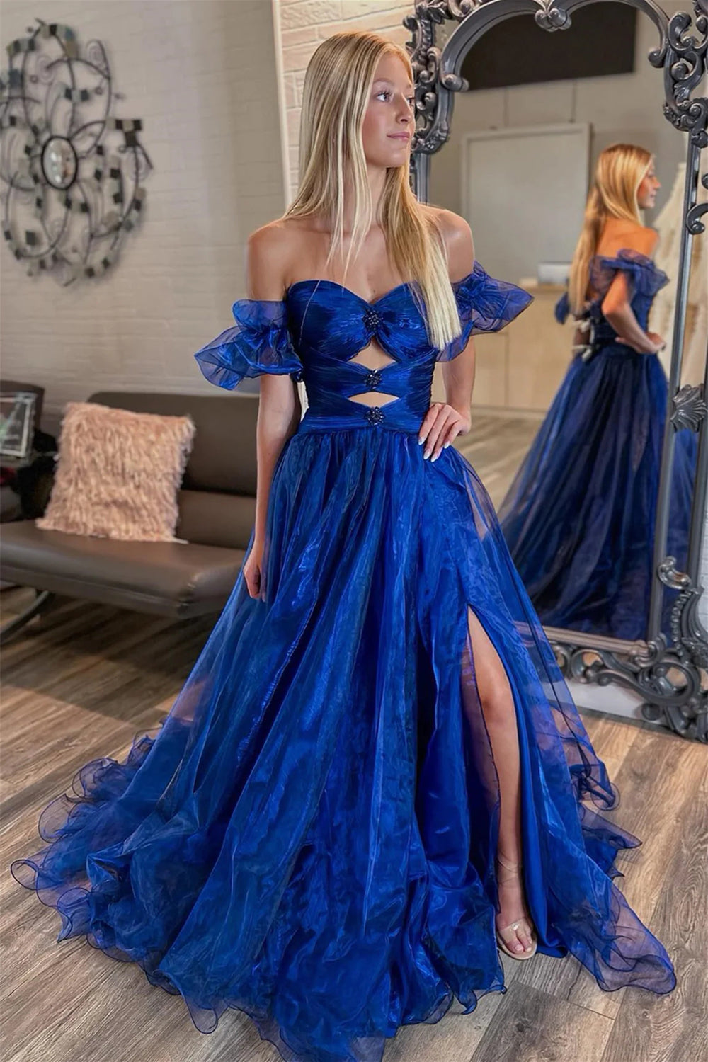 Weitese Trendy A Line Off the Shoulder Royal Blue Long Prom Dress with Keyhole