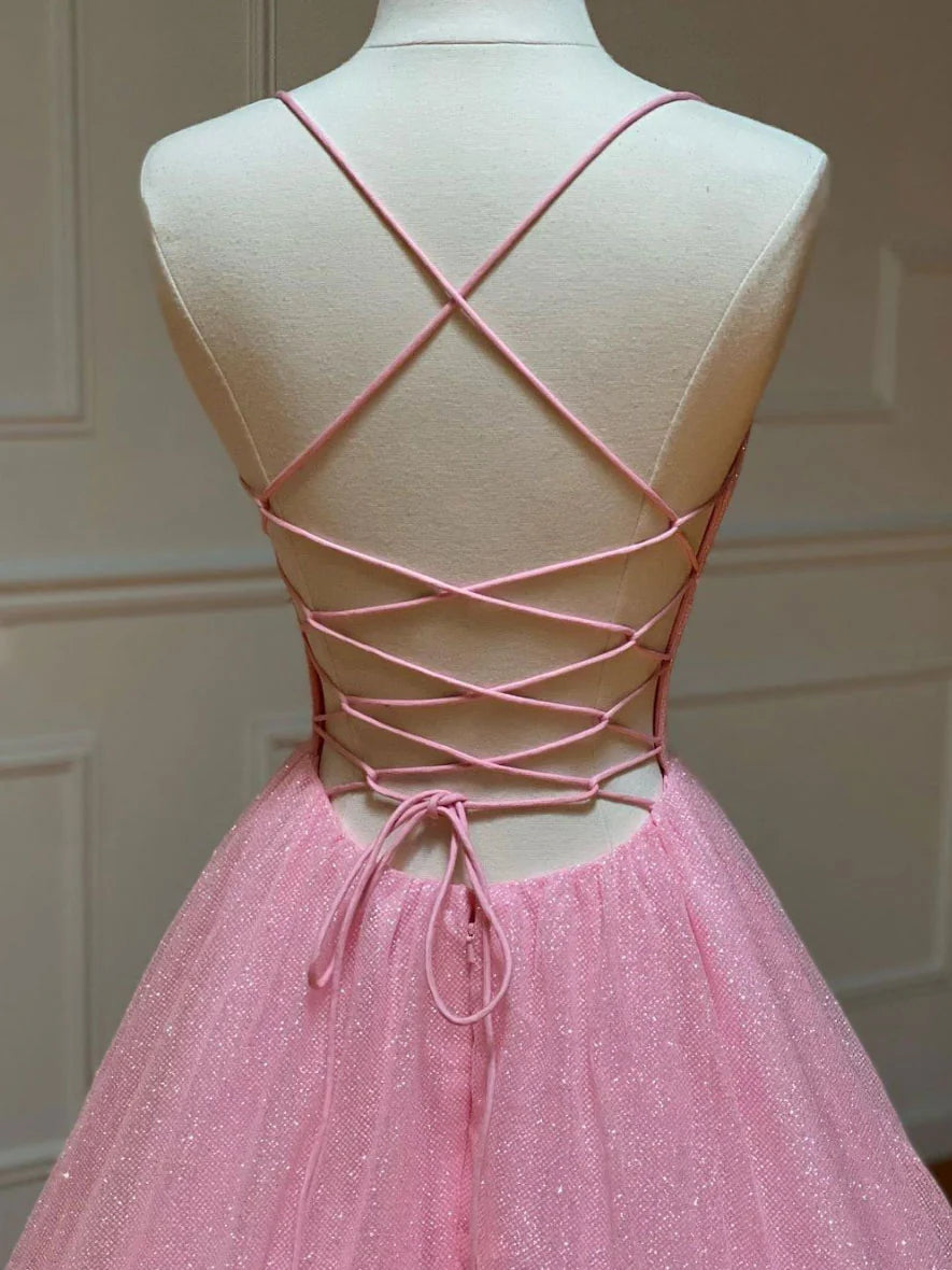 Robe de bal longue rose en tulle à col en V et coupe trapèze