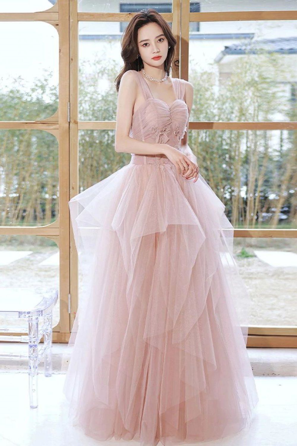 Weitese Princess A Line Sweetheart Blush Long Prom Dress with Appliques
