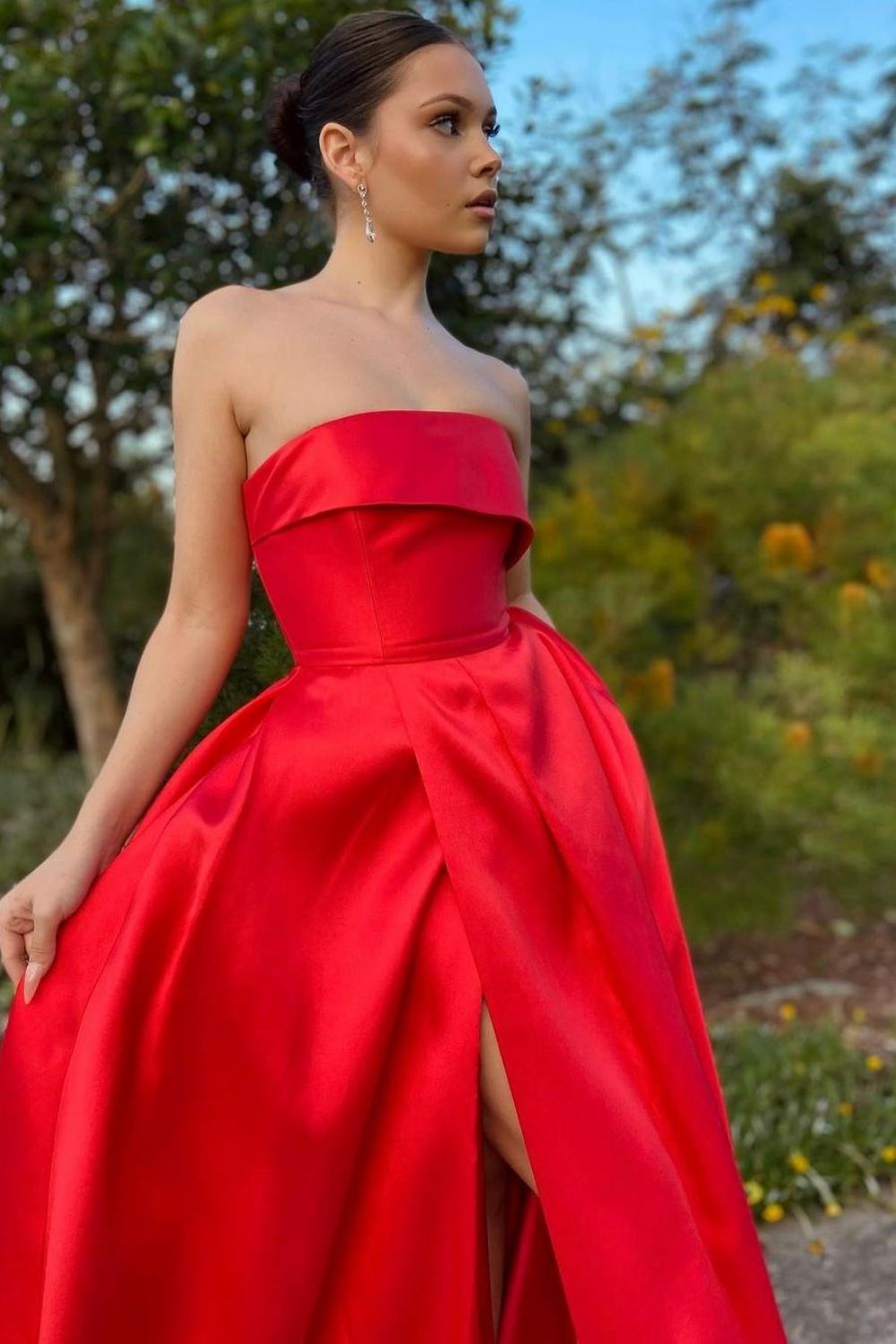 Weitese Trendy A Line Strapless Red Long Prom Dress with Split Front