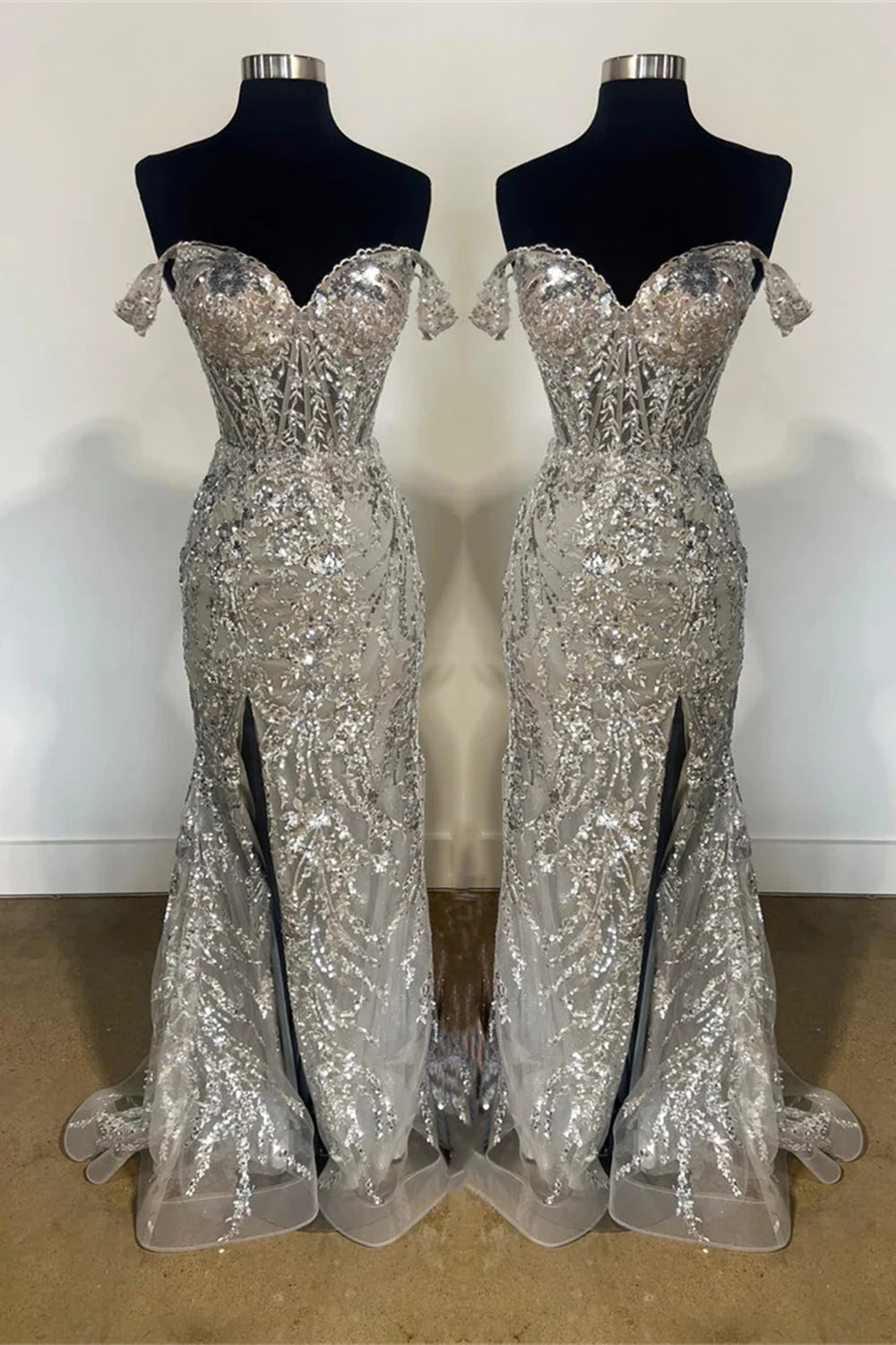 Weitese Sparkly Mermaid Off the Shoulder Silver Corset Prom Dress with Split Front