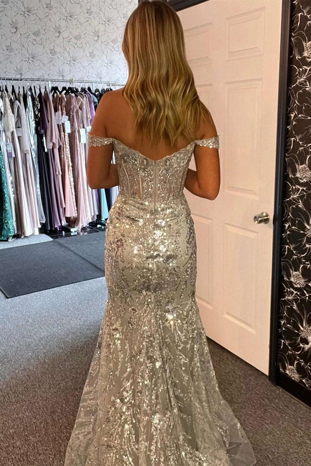 Weitese Sparkly Mermaid Off the Shoulder Silver Corset Prom Dress with Split Front