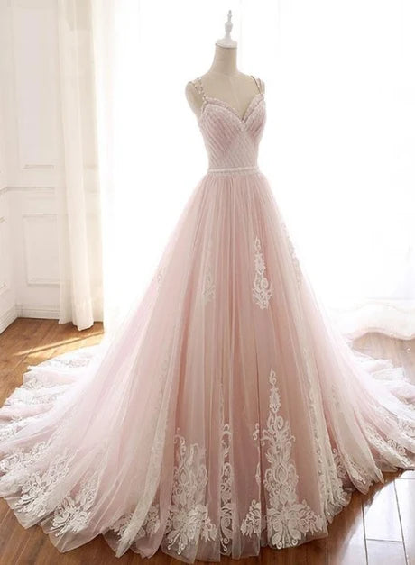 Blush Pink Spaghetti Strap Lace Tulle Ball Gown