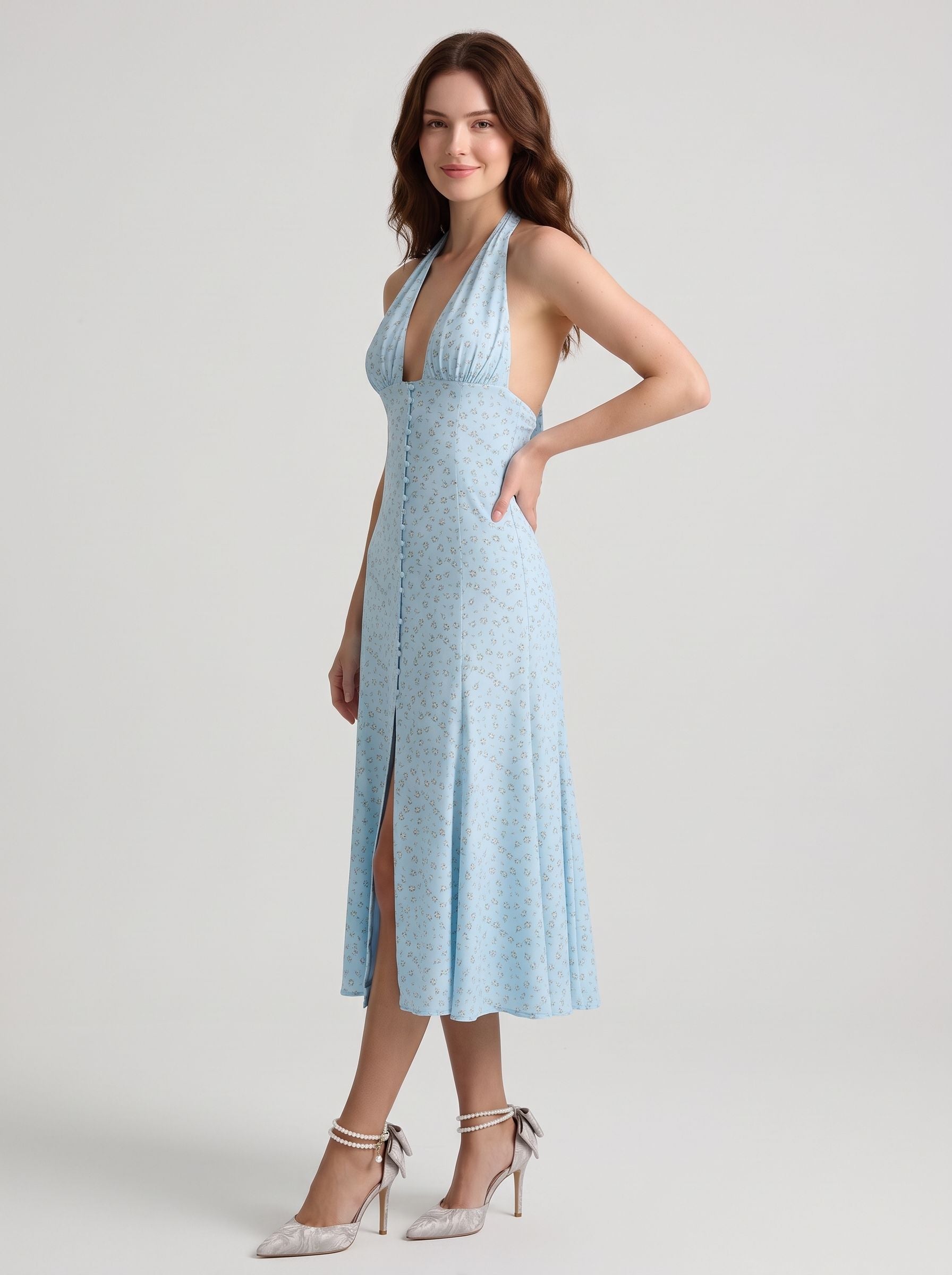 Sky Blue Floral Crepe A-Line Halter Open Back with Tie Midi Dress
