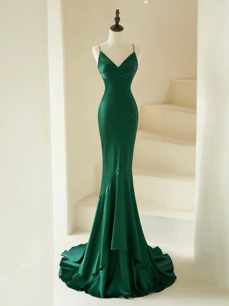Mermaid V Neck Satin Green Long Prom Party Dresses
