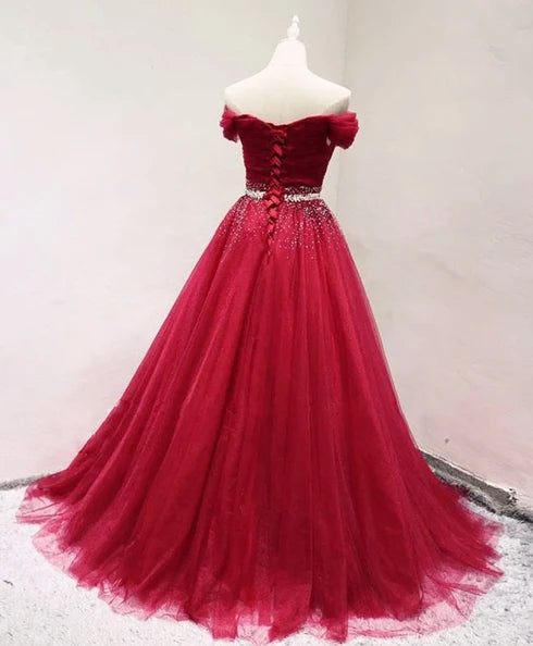 Romantic A-line Off Shoulder Beaded Lace Up Tulle Long Prom Dress