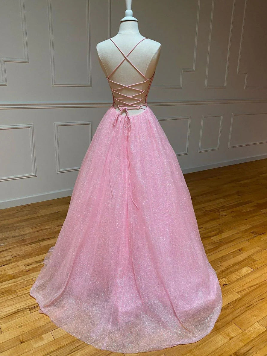 Robe de bal longue rose en tulle à col en V et coupe trapèze