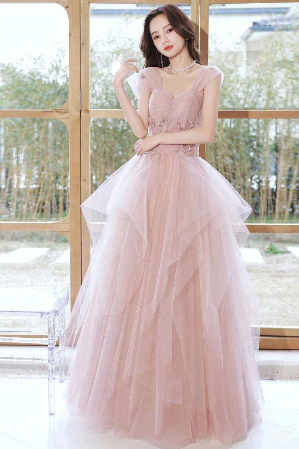 Weitese Princess A Line Sweetheart Blush Long Prom Dress with Appliques