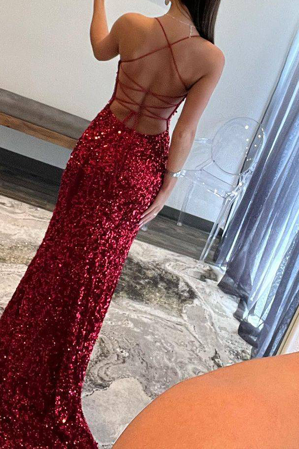 Weitese Sparkly Mermaid Spaghetti Straps Navy Sequins Long Prom Dress with Split Front