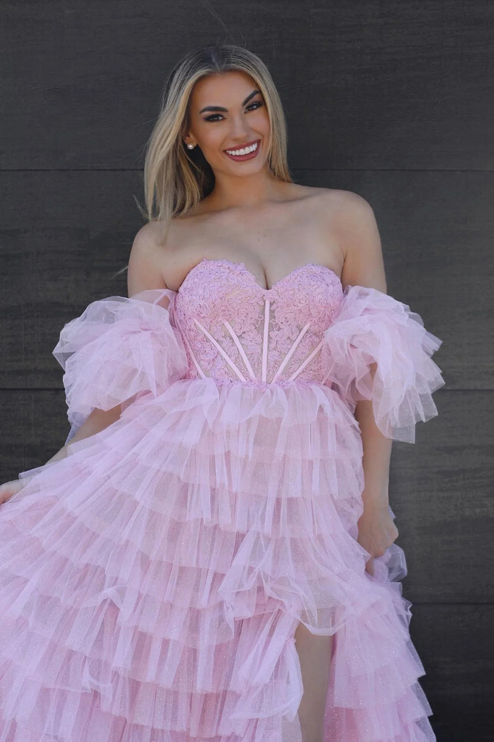 Weitese Princess A Line Sweetheart Pink Corset Prom Dress with Ruffles Split Front