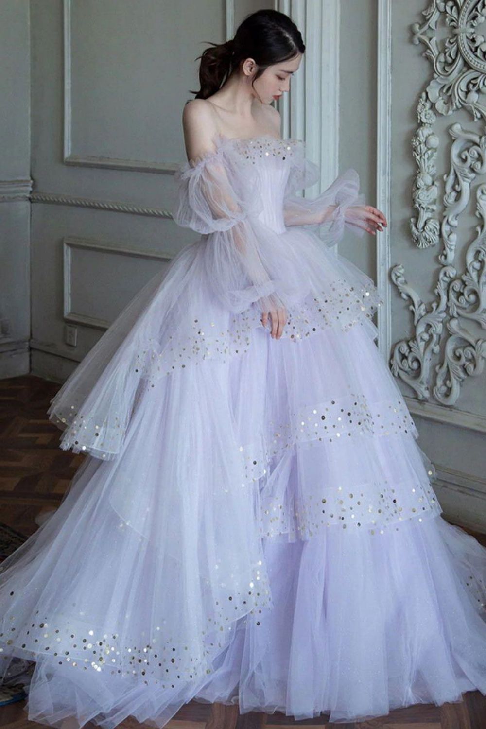Weitese Elegant A Line Off the Shoulder Light Purple Long Prom Dress with Sequins