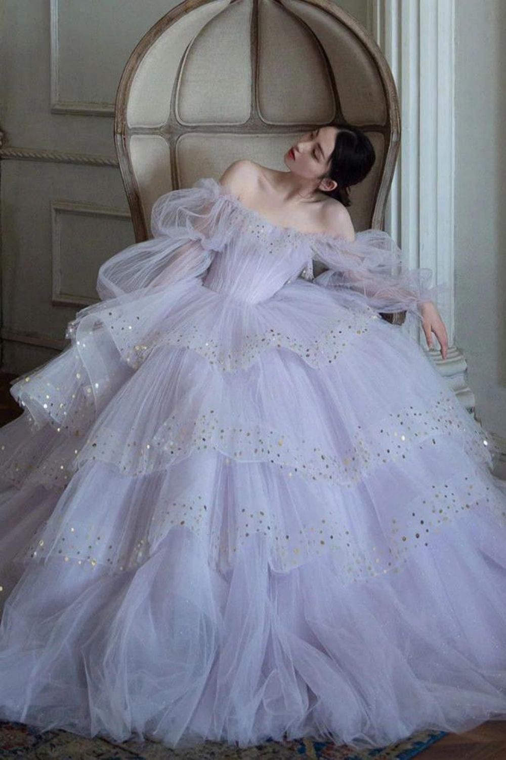 Weitese Elegant A Line Off the Shoulder Light Purple Long Prom Dress with Sequins