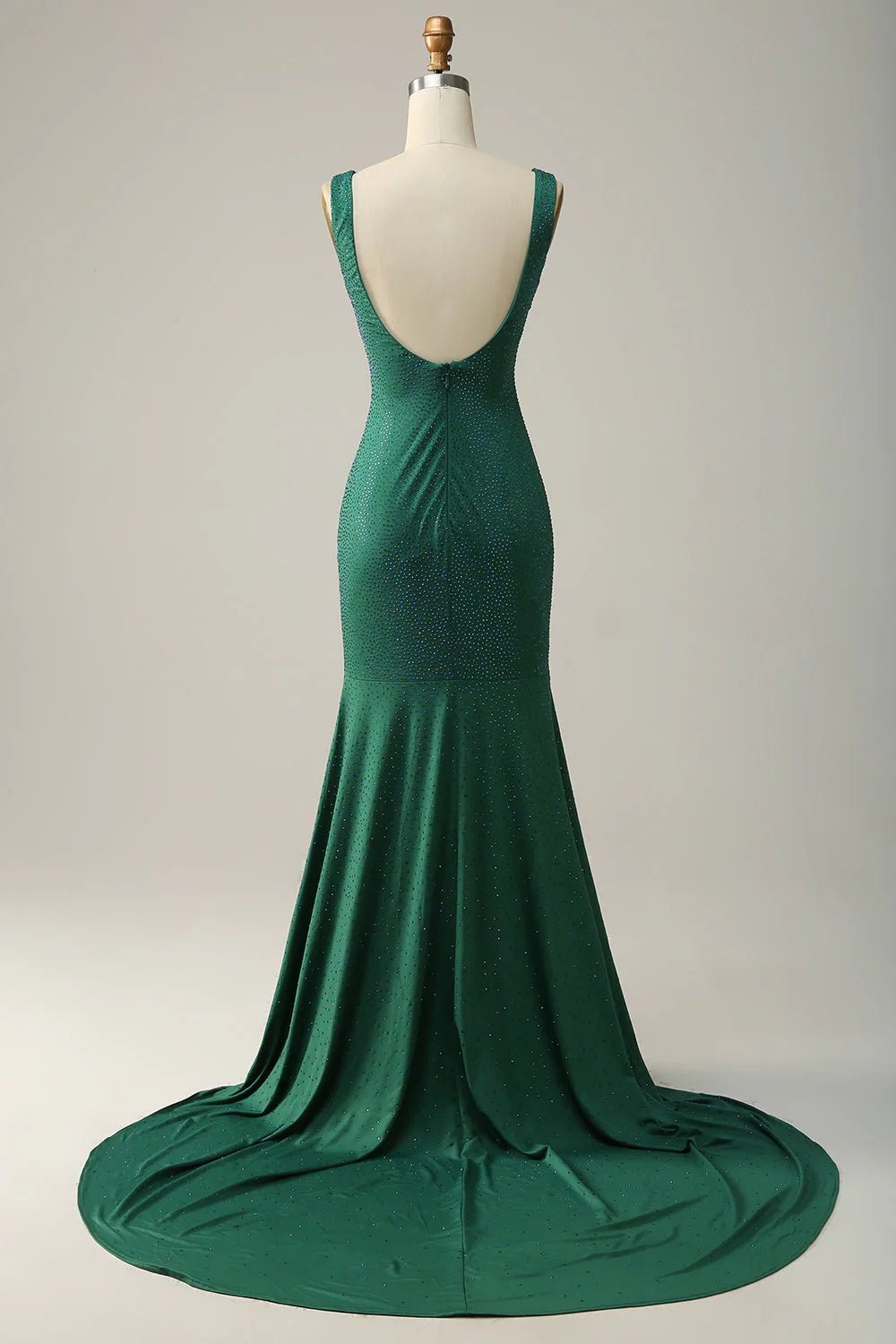 Robe de bal longue verte à col en V et perles style sirène