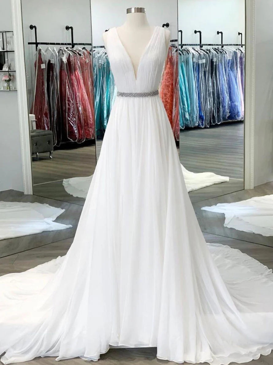 White V Neck Chiffon Long Prom Dress