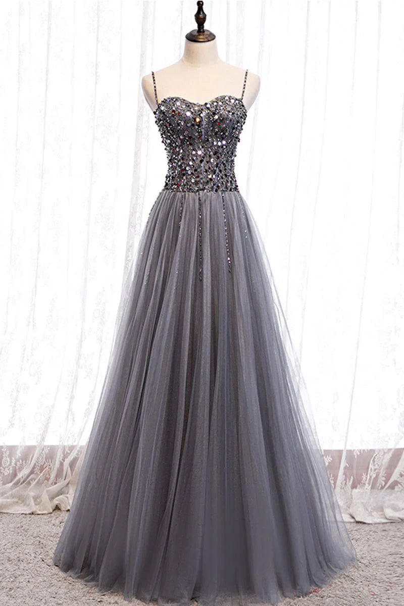 Gray tulle sweetheart neck sequin long Evening Dresses