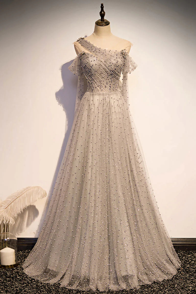 Gray tulle one shoulder long Evening Dresses