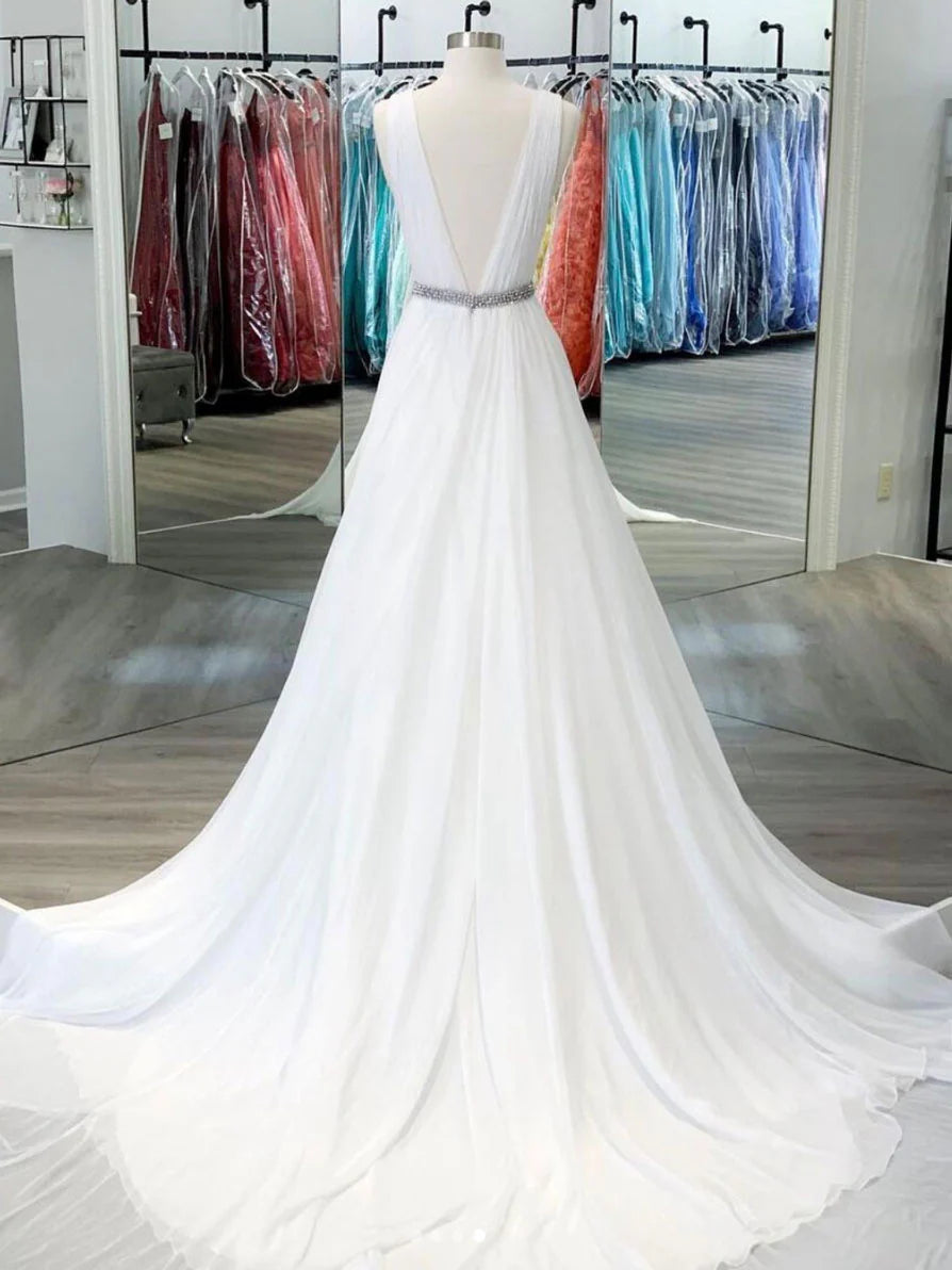 White V Neck Chiffon Long Prom Dress