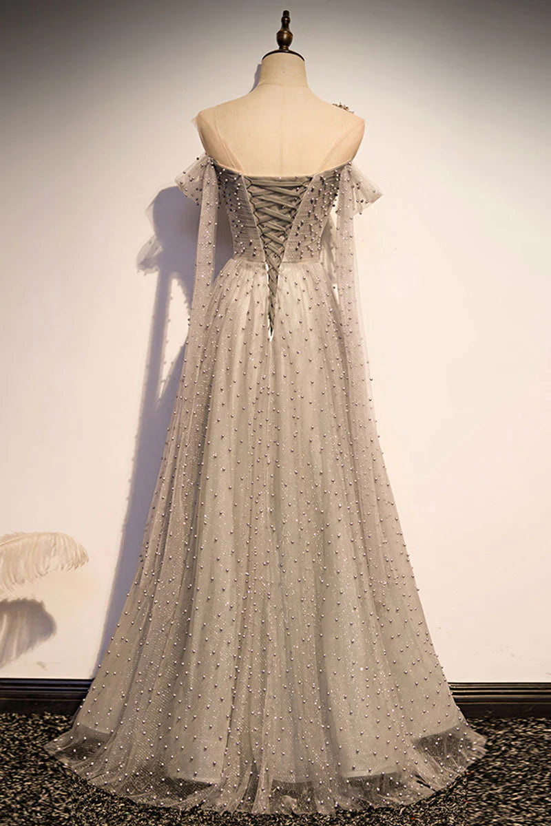 Gray tulle one shoulder long Evening Dresses