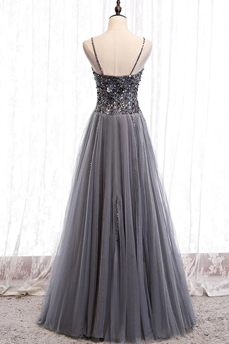 Gray tulle sweetheart neck sequin long Evening Dresses