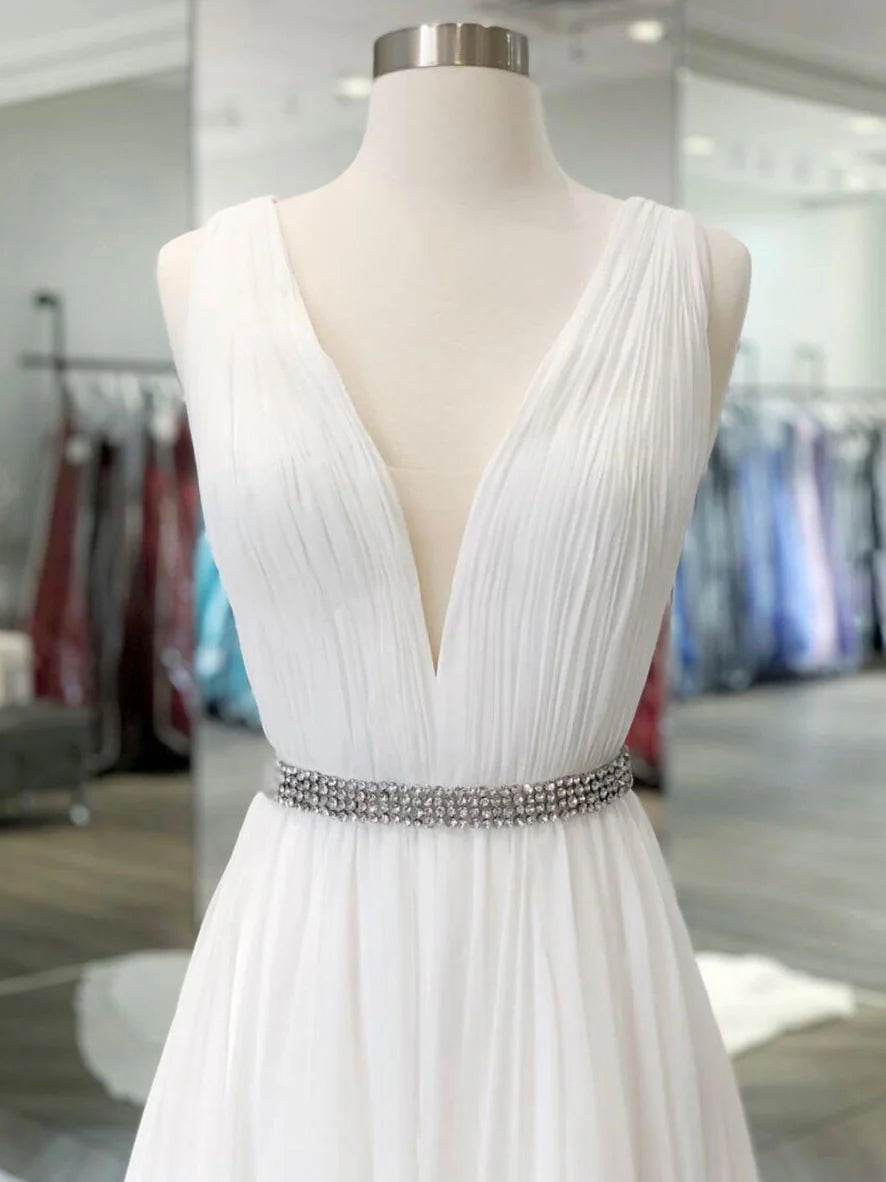 White V Neck Chiffon Long Prom Dress