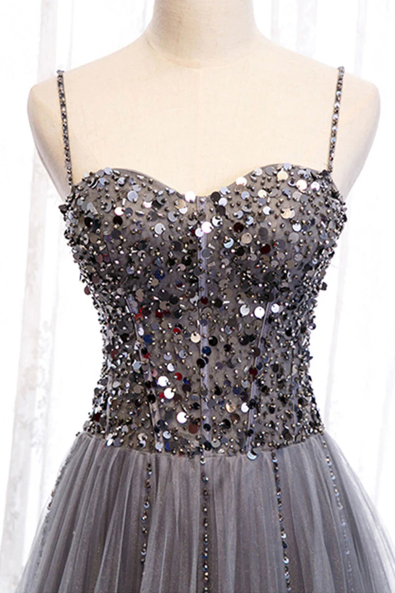 Gray tulle sweetheart neck sequin long Evening Dresses