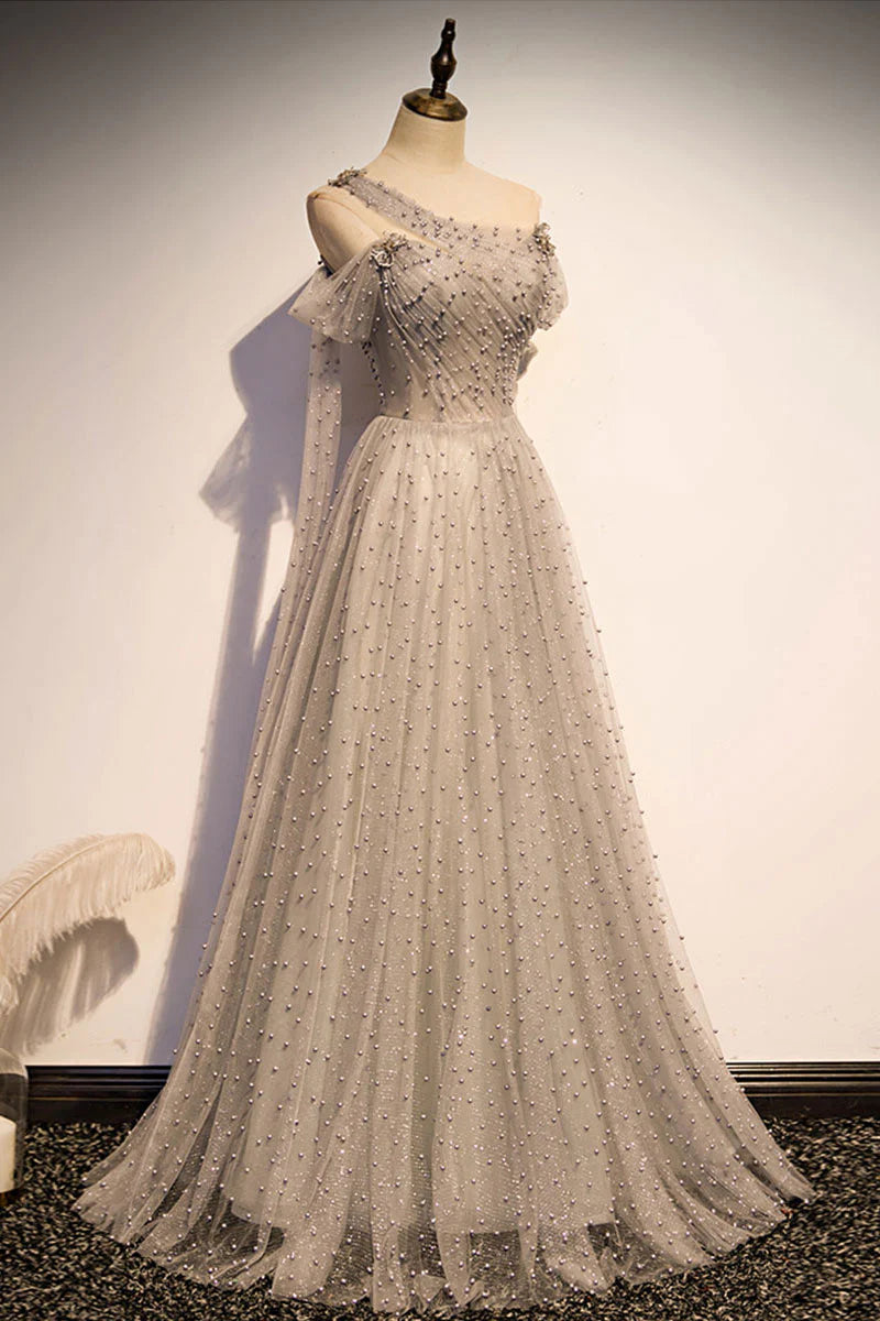 Gray tulle one shoulder long Evening Dresses