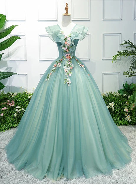 Dreamy Ballgown Ruffle V Neck Floral Lace Up Tulle Long Prom Dress