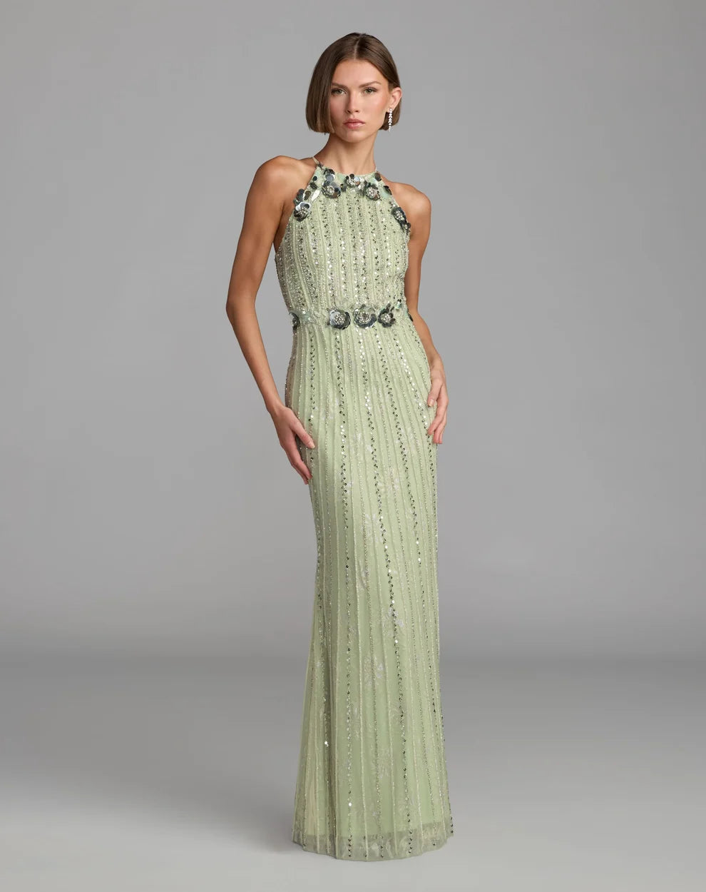 Sage Green Mesh with Sequins Sheath Halter High Back Floor-Length Dress
