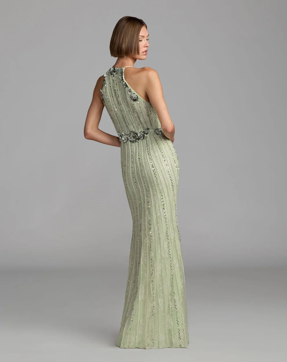 Sage Green Mesh with Sequins Sheath Halter High Back Floor-Length Dress