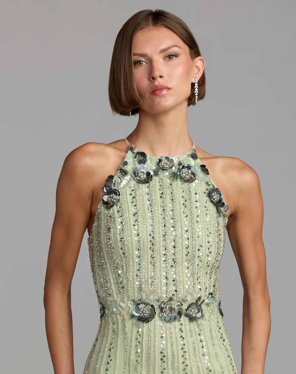Sage Green Mesh with Sequins Sheath Halter High Back Floor-Length Dress
