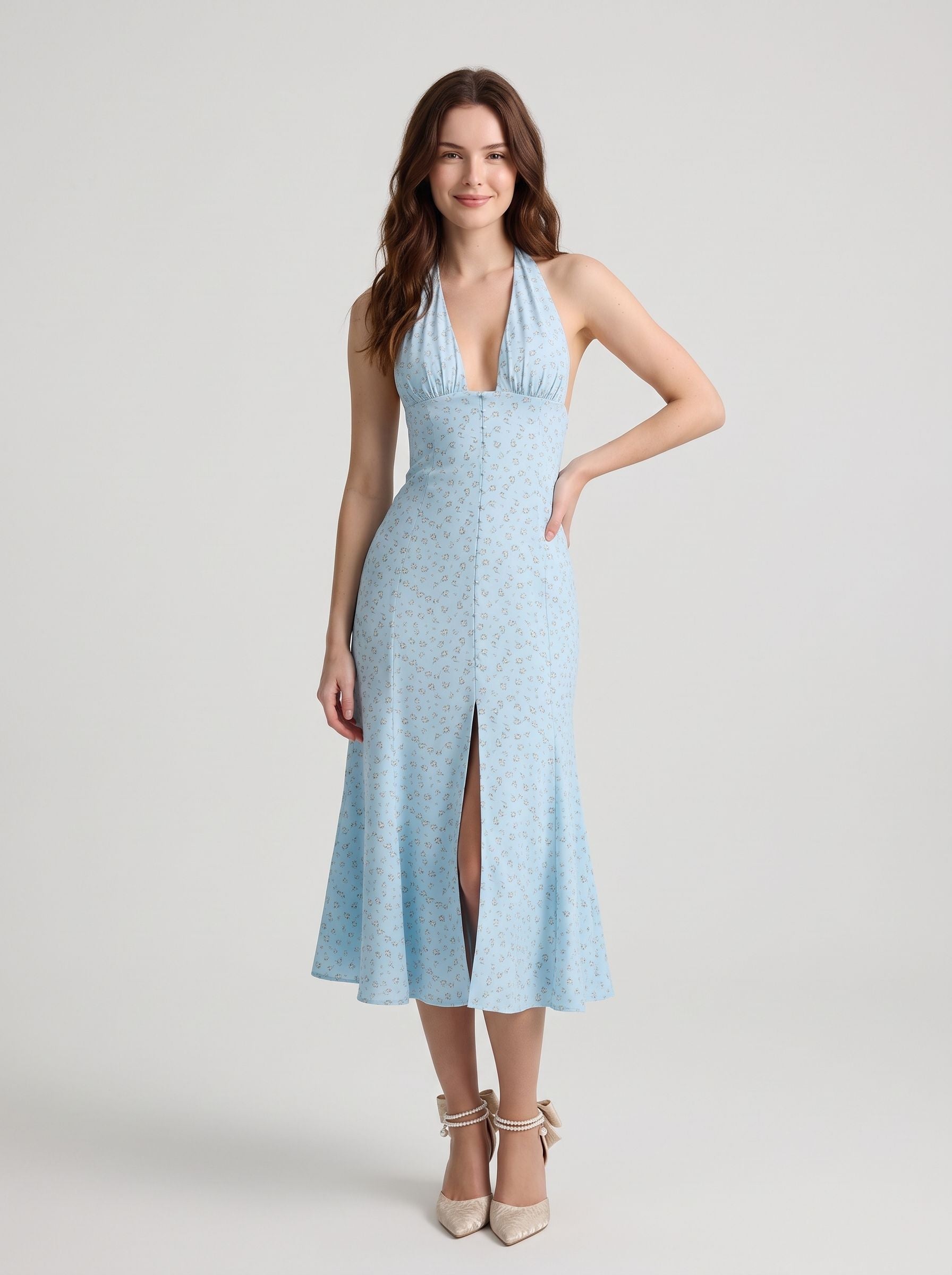 Sky Blue Floral Crepe A-Line Halter Open Back with Tie Midi Dress