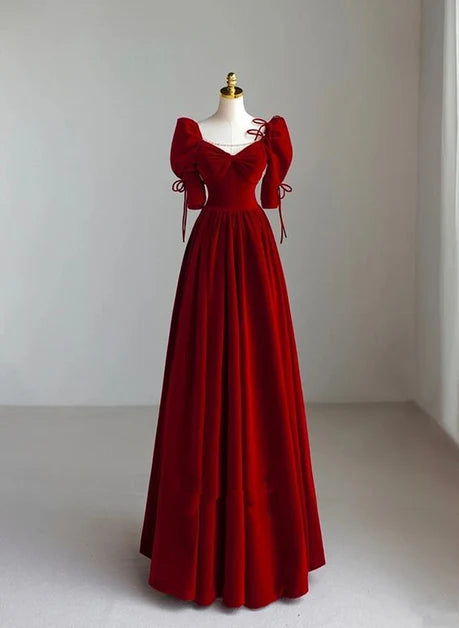 Burgundy Velvet A-Line Sweetheart Lace-Up Back Floor-Length Dress