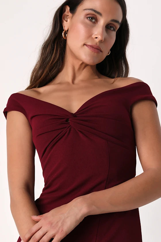 Burgundy Stretch Knit Sheath Off-the-Shoulder Zipper Back Floor Length Dress