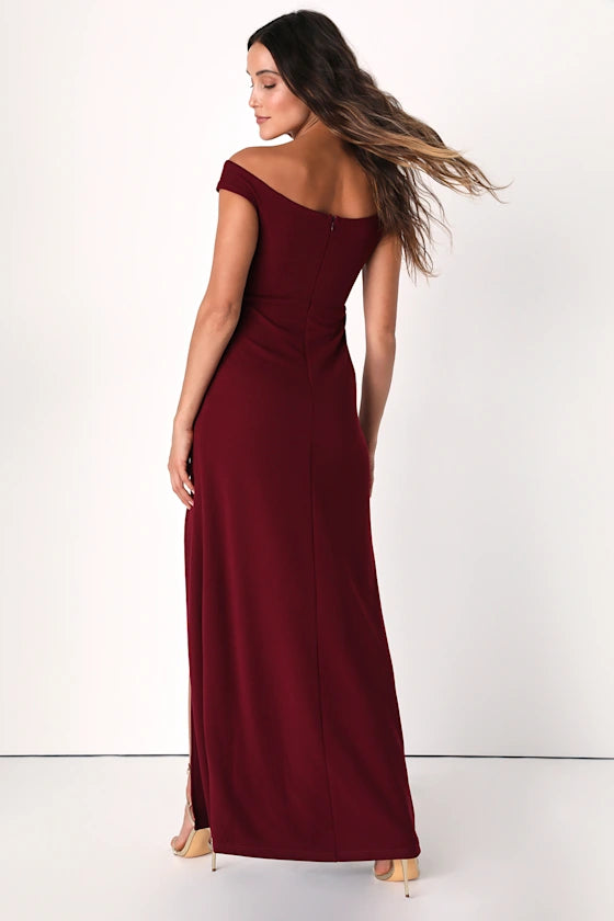 Burgundy Stretch Knit Sheath Off-the-Shoulder Zipper Back Floor Length Dress
