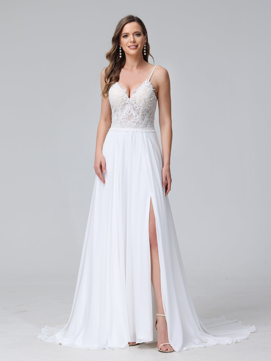 Weitese A-Line Spaghetti Straps V-Neck Sleeveless Long Chiffon Wedding Dresses With Applique Split Side