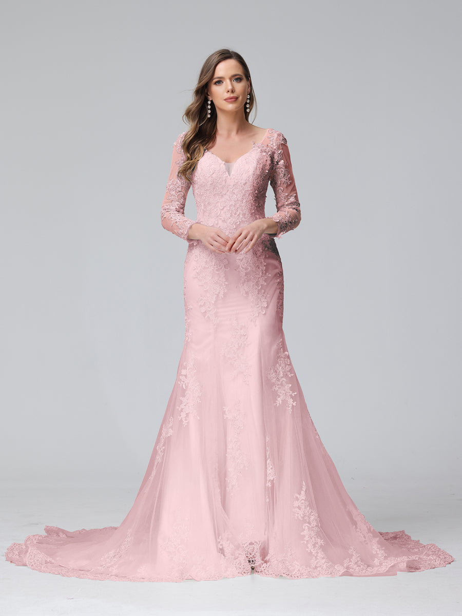 Vestidos de novia Weitese de corte trompeta/sirena con escote en V y mangas largas de encaje