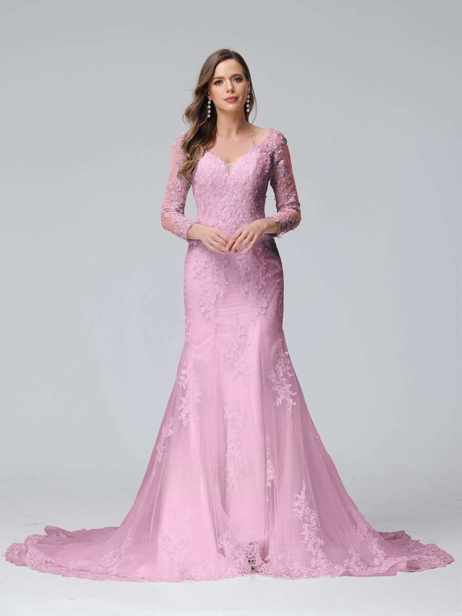 Vestidos de novia Weitese de corte trompeta/sirena con escote en V y mangas largas de encaje