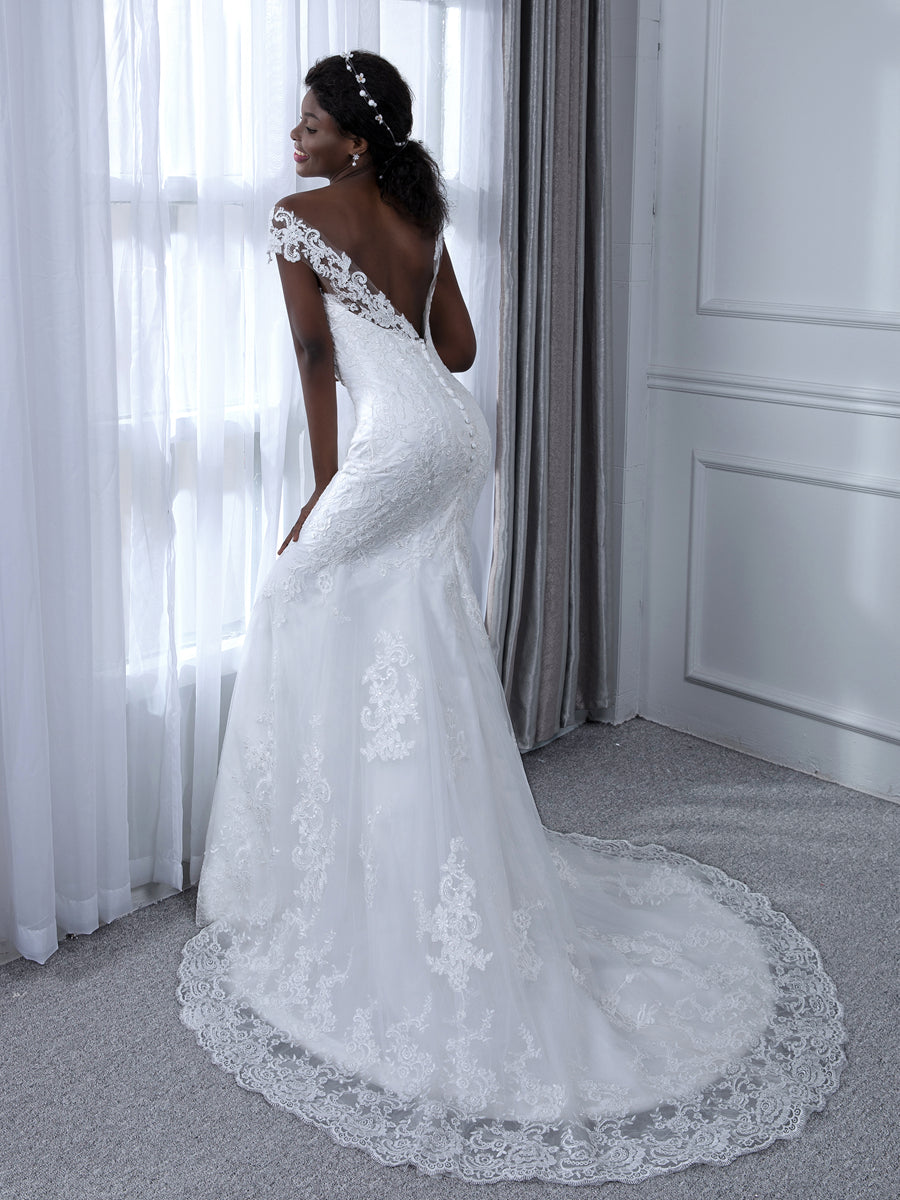 Vestidos de novia Weitese de corte sirena de tul sin mangas con cuello transparente y apliques