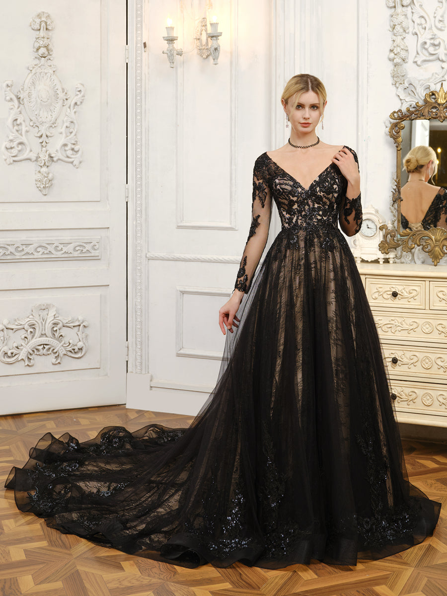 Vestidos de novia Weitese de tul con mangas largas y escote en V y cuentas