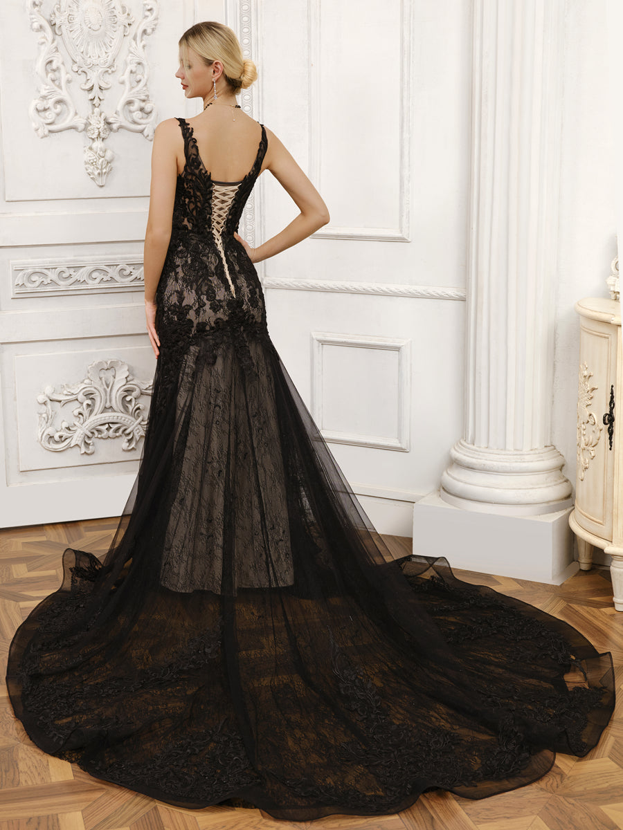 Weitese  V-Neck Sleeveless Tulle Mermaid Wedding Dresses With Lace Appliques