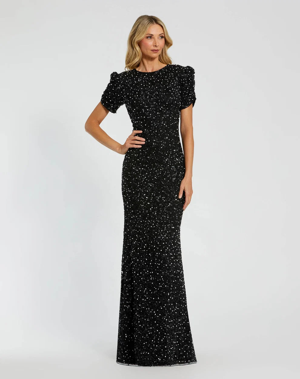 Black Sequin Mesh Sheath-Column High Neck Floor Length Dress