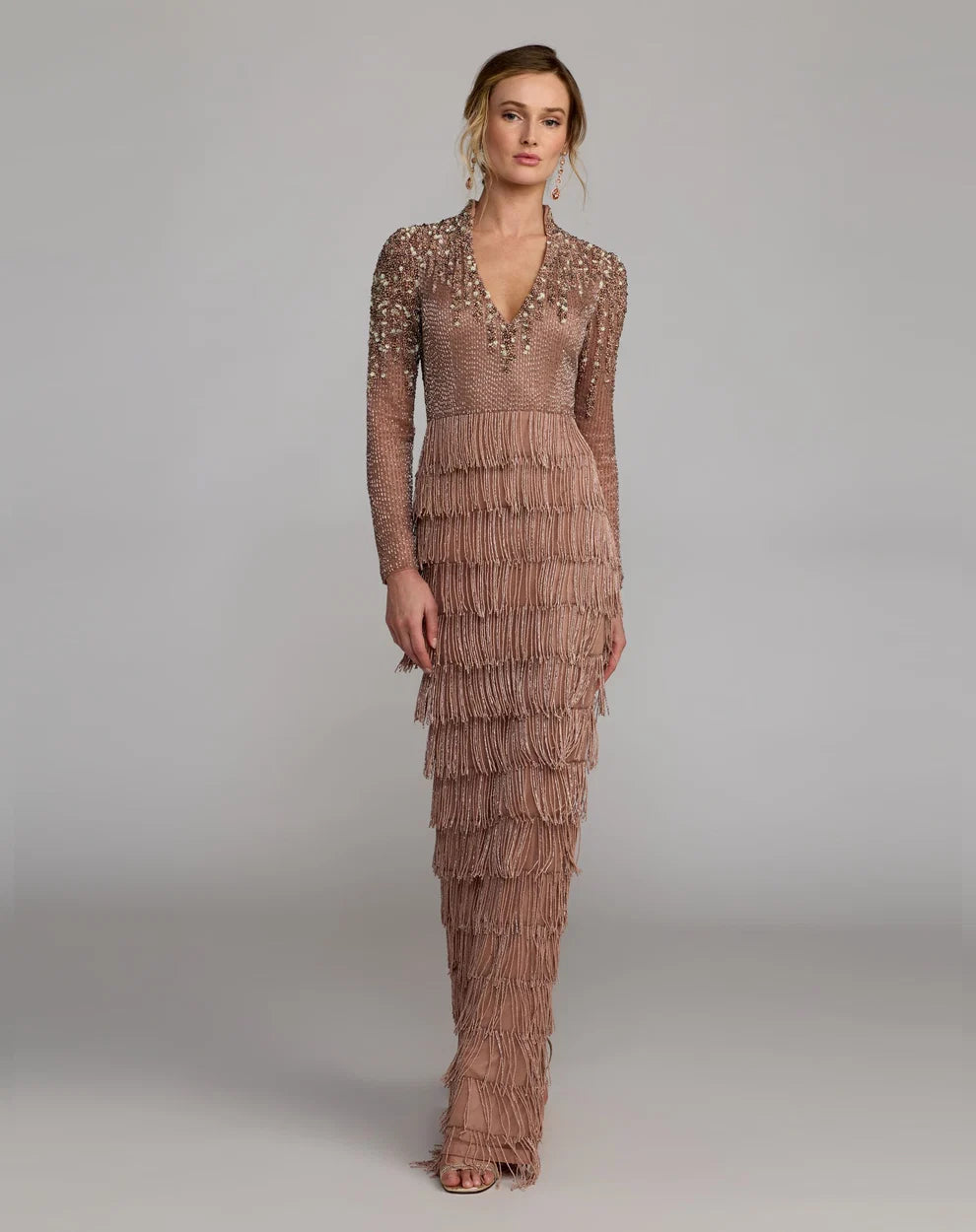 Rose Gold Mesh & Beaded Fringe Sheath V-Neck Floor-Length Dress
